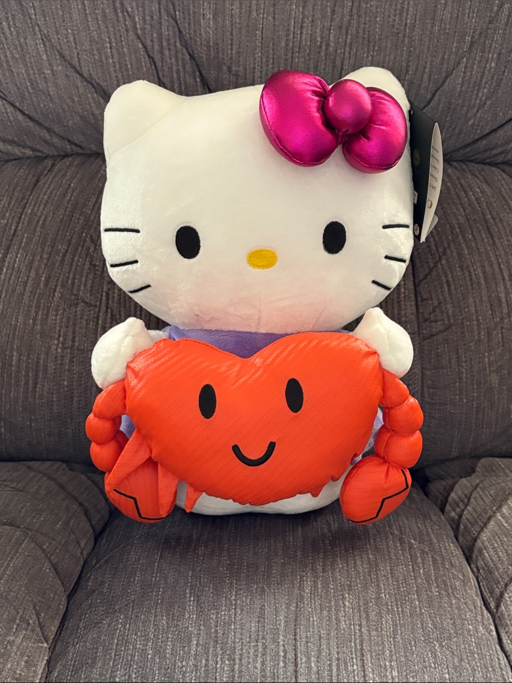 Hello Kitty Plush with Pink Metallic Bow and Orange Heart Crab